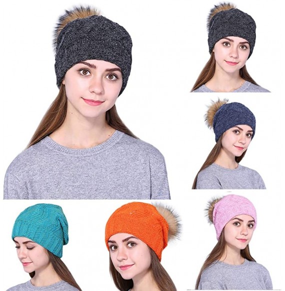 Skullies & Beanies Women's Baggy Crochet Hat Wool Knitted Fluffy Hair Ball Winter Warm Ski Beanie Skull Slouchy Caps - F - CQ...