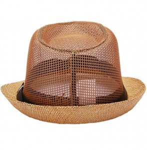 Fedoras Men Mesh Straw Summer Fedora Hat Short Brim Beach Sunhat Breathable Panama Cap - Brown - CJ18QWNW5XS