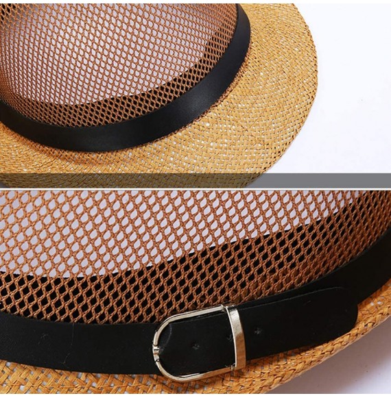 Fedoras Men Mesh Straw Summer Fedora Hat Short Brim Beach Sunhat Breathable Panama Cap - Brown - CJ18QWNW5XS