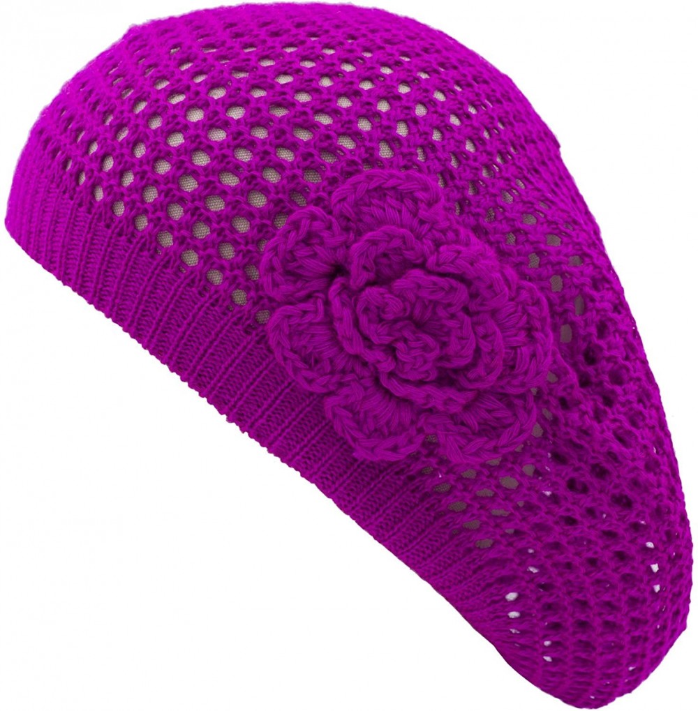 Berets Womens Crochet Hat Flower Beanie Beret Fashion Accessory Lightweight Knit Cap - Fuchsia Pink Net - CH1824ZE0ZX
