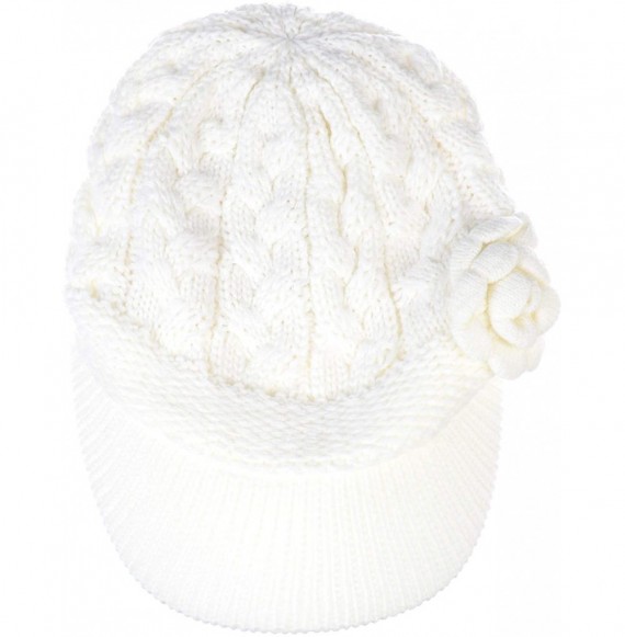 Skullies & Beanies Women's Winter Fleece Lined Elegant Flower Cable Knit Newsboy Cabbie Hat - White Cable Flower - CA18IIK8NHN
