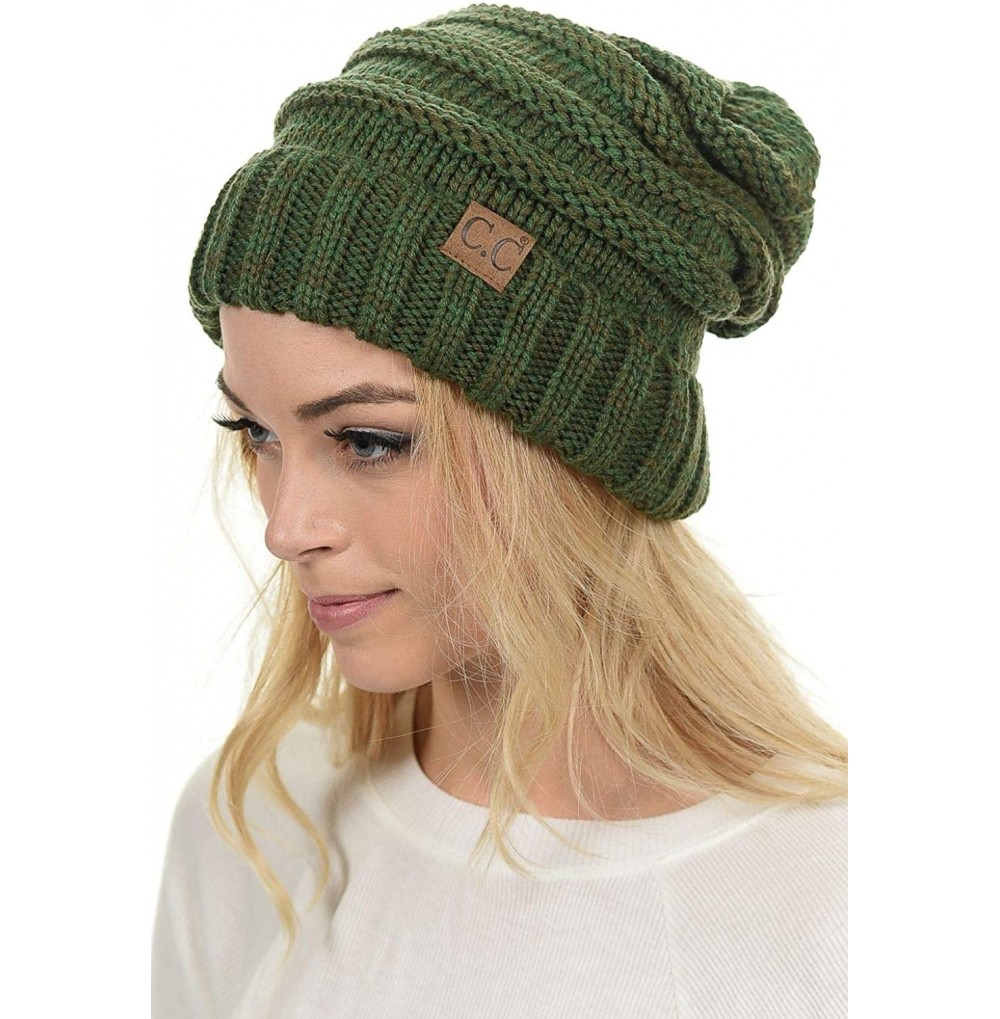 Skullies & Beanies Hat-100 Oversized Baggy Slouch Thick Warm Cap Hat Skully Cable Knit Beanie - Dk Olive Mix - CH18XINDAGT
