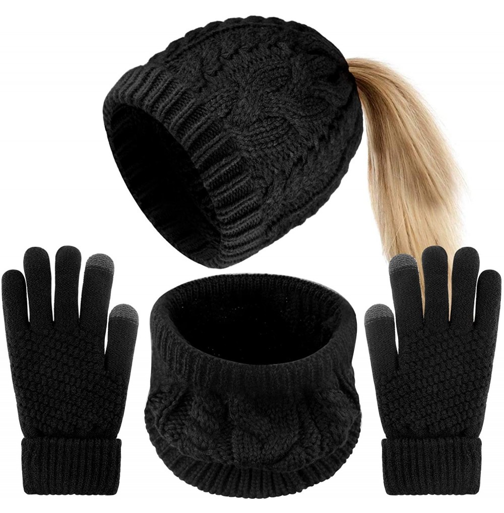 Skullies & Beanies 4 Pieces Womens Winter Beanie Hats with Ponytail Hole Knit Scarf Gloves - Black(style 2) - CF1938RZ8CM