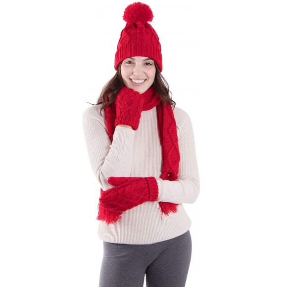 Skullies & Beanies 3 in 1 Women Soft Warm Thick Cable Knitted Hat Scarf & Gloves Winter Set - Red Gloves W/ Lined - C8183CY735G