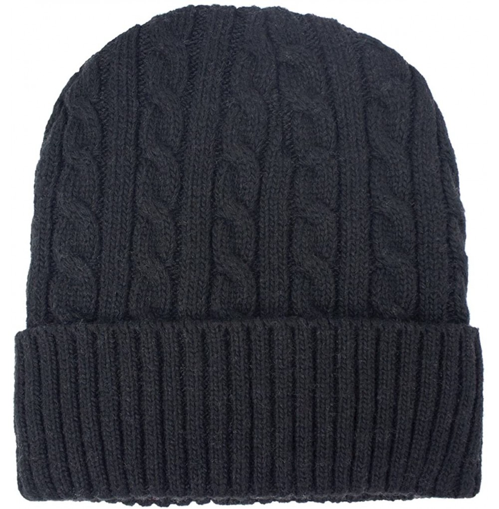 Skullies & Beanies Men's Wool Blend Knit Beanie- Soft & Warm Velour Fleece Lined - Cable - Black - CI1270EP4ZV