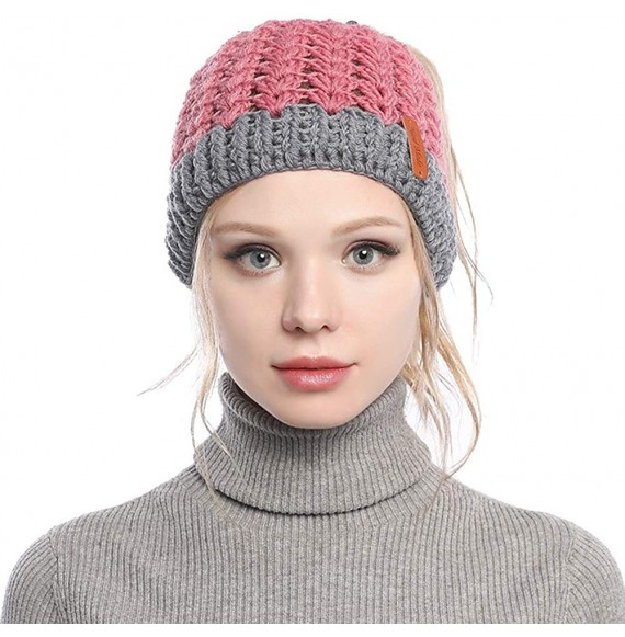 Skullies & Beanies Ponytail Beanie Hat for Women- Girls BeanieTail Soft Stretch Cable Knit Messy High Bun Winter Cap - Pink -...