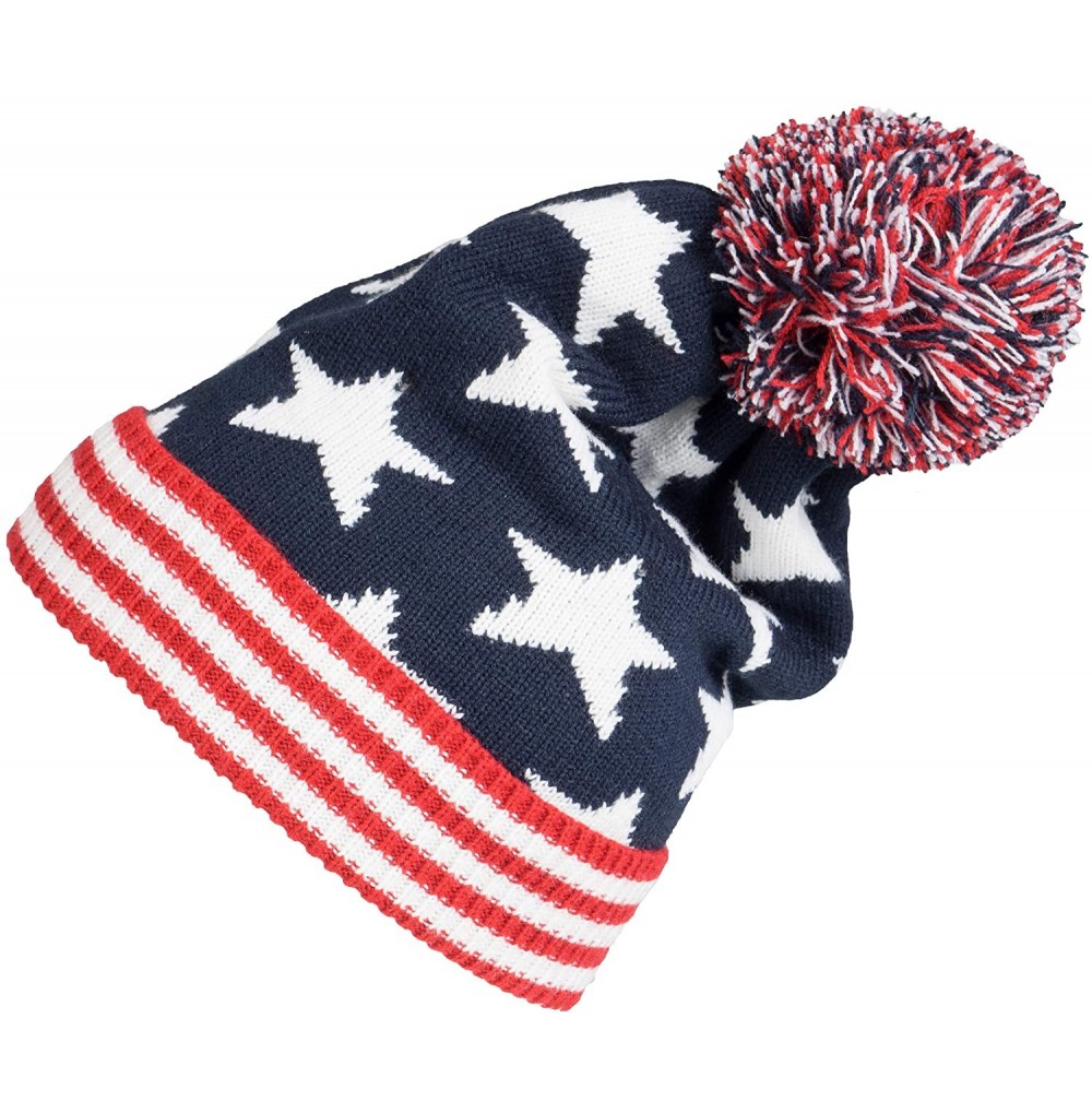 Skullies & Beanies Winter 2ply Stars Striped Thick Knit USA Flag Beanie Skull Ski Hat Cap Navy Red - CK11J2JIH75