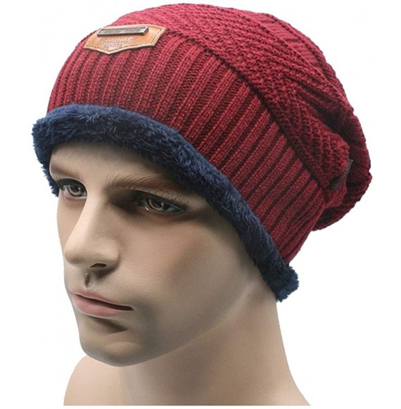 Skullies & Beanies Men's Winter Knit Skull Cap Wool Warm Slouchy Beanies Hat Scarf Set - Wine Red - CL12N6EUG46