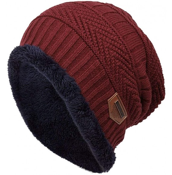 Skullies & Beanies Men's Winter Knit Skull Cap Wool Warm Slouchy Beanies Hat Scarf Set - Wine Red - CL12N6EUG46