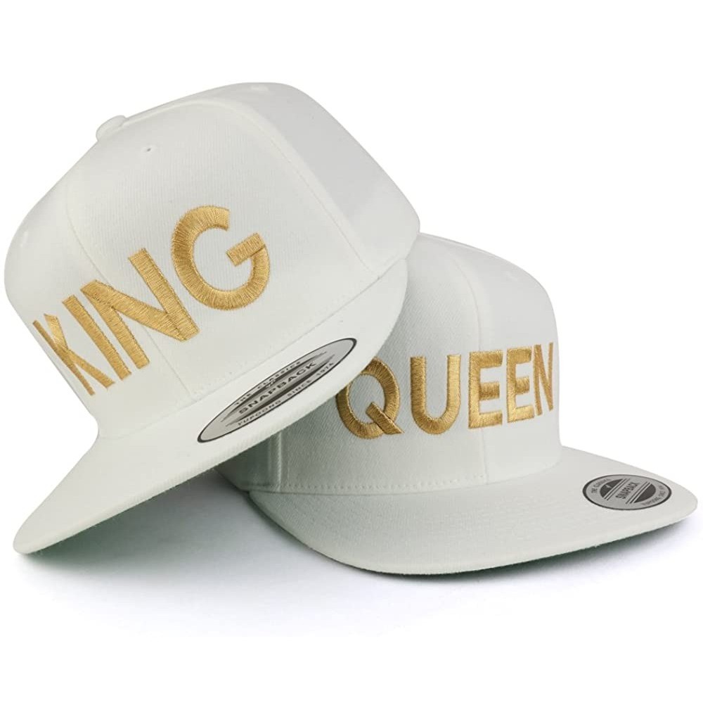 Baseball Caps King and Queen Embroidered Flat Bill Snapback Off White Cap - 2pc Pack - Gold Thread - CK183M6MM99