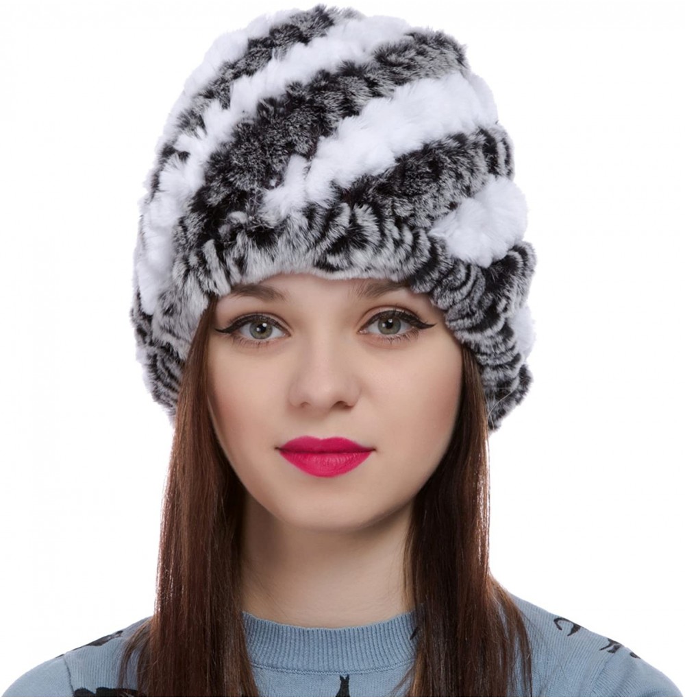 Skullies & Beanies Women's Real Rex Rabbit Fur Knitted Beanie Winter Warm Hats Caps - White + Grey - CQ12O0929WQ