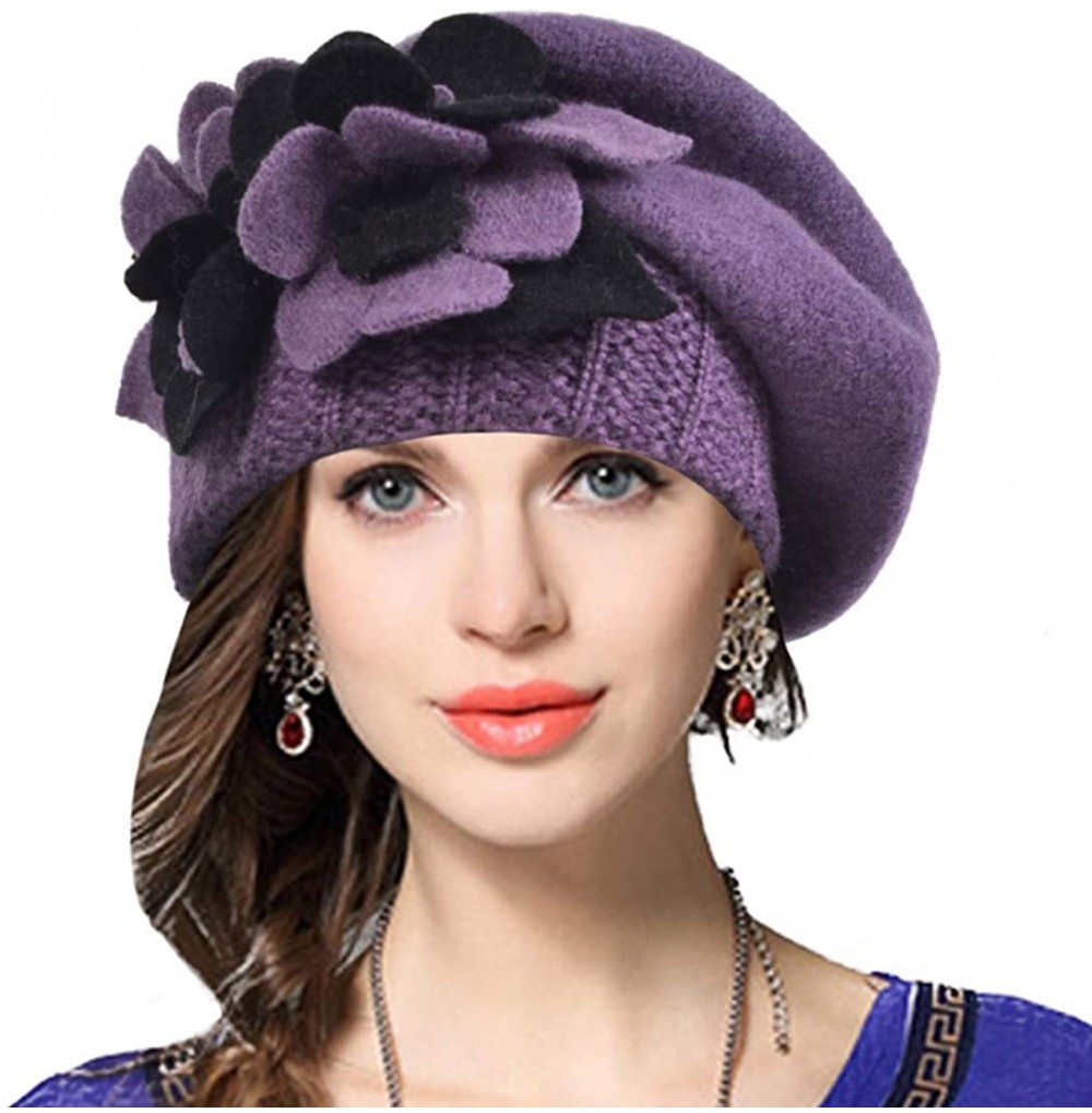 Berets Lady French Beret 100% Wool Beret Floral Dress Beanie Winter Hat - Floral-purple - CK18XDKO52G