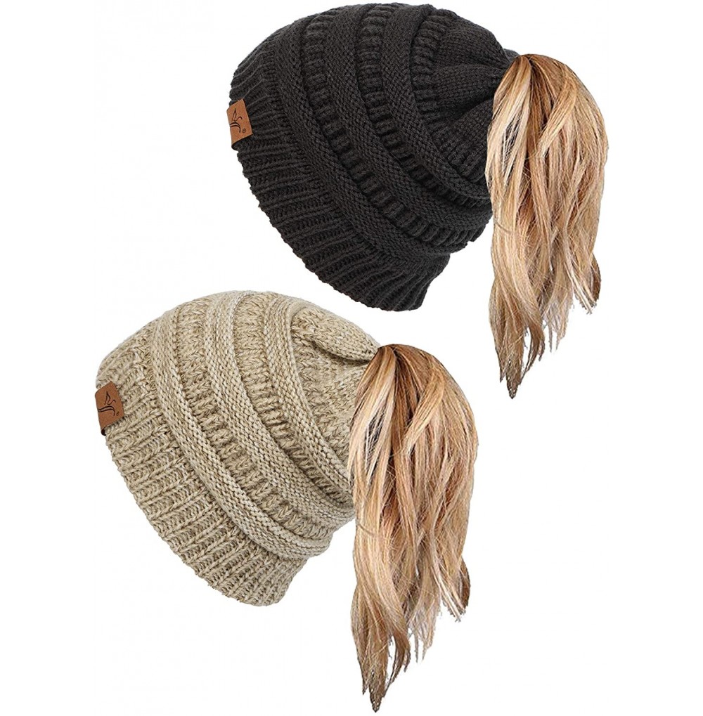Skullies & Beanies Ponytail Messy Bun Beanie Tail Knit Hole Soft Stretch Cable Winter Hat for Women - CI18WADTUSE