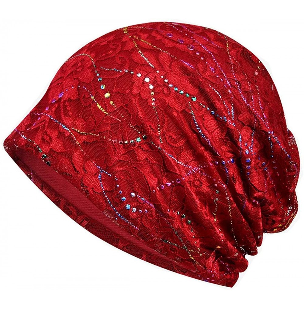 Skullies & Beanies Lace Beanies Chemo Caps Cancer Skull Cap Knitted hat for Womens - B-red - CI18Q924N2X