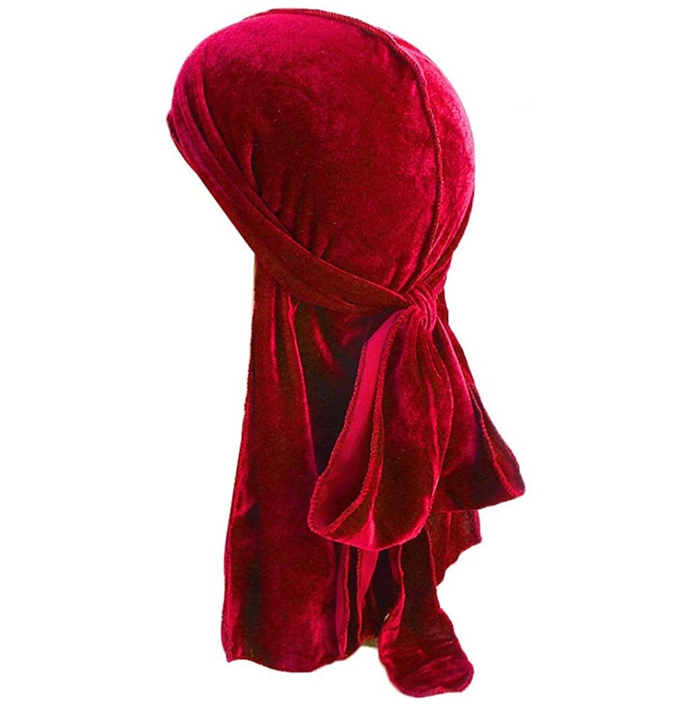 Skullies & Beanies Men's Soft Velvet Long Tail Wide Straps Durag Solid Color Cap Turban Headwrap - Red - CL18GREZA6K