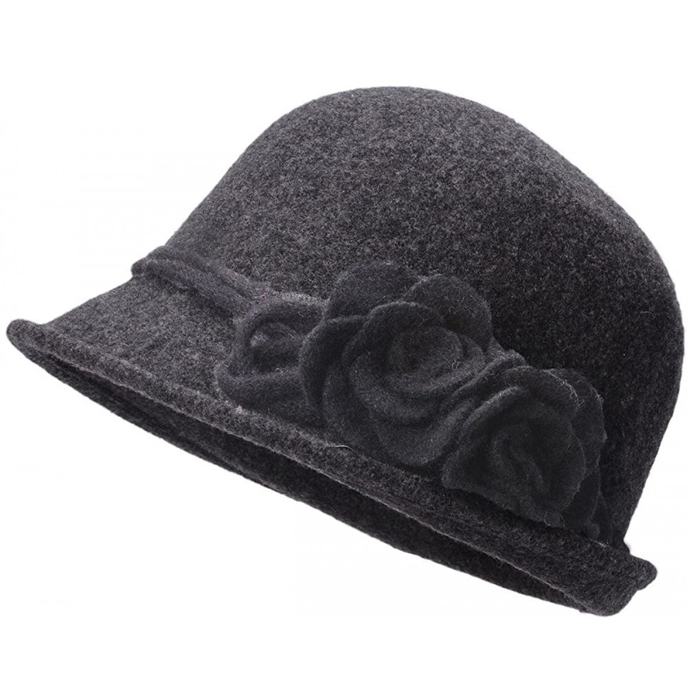 Bucket Hats Womens Retro Collapsible Soft Knit Wool Cloche Hat Bucket Flower A466 - Dark Gray - CL186XSLOM2