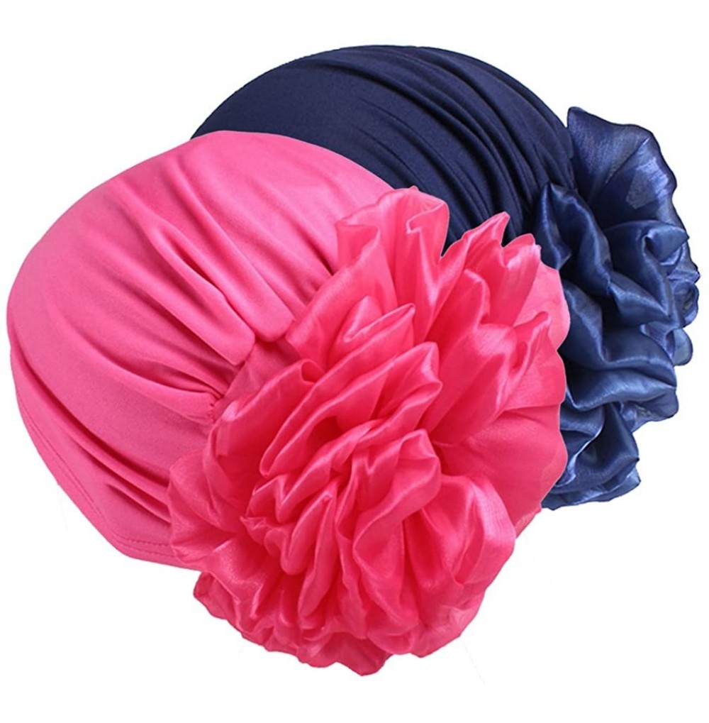 Skullies & Beanies Women Big Flower Elastic Beanie Head Wrap Chemo Cap Hat - Pink&navy - CW18DZX0GO7