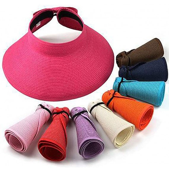 Visors Women's Summer Foldable Straw Sun Visor w/Cute Bowtie UPF 50+ Packable Wide Brim Roll-Up Visor Beach Hat - CR18OWEI2ST