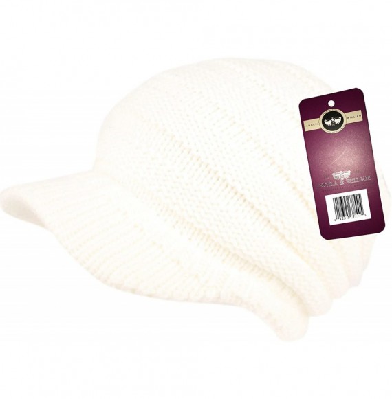 Visors Cable Ribbed Knit Beanie Hat w/Visor Brim - Chunky Winter Skully Cap - White - C712MXT6JWB