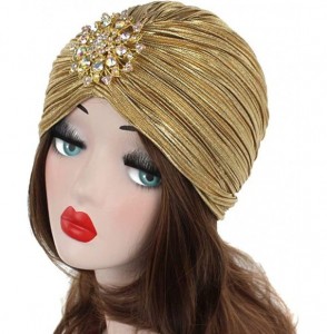Skullies & Beanies Women's Ruffle Turban Hat Glitter Pleated Stretch Head Wraps Chemo Cap with Detachable Crystal Brooch - Br...