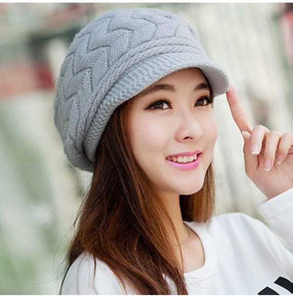 Visors Womens Winter Warm Knitted Hats Slouchy Wool Beanie Hat Cap with Visor - Grey - CI18ND7K6CT