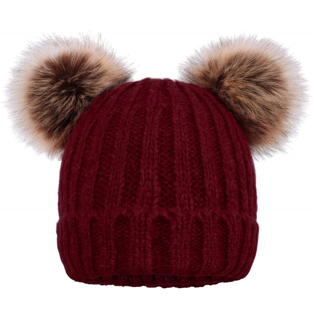 Skullies & Beanies Women's Faux Fur Pompom Mickey Ears Cable Knit Winter Beanie Hat - Burgundy Hat Coffee Ball - C118I0Z2L7S
