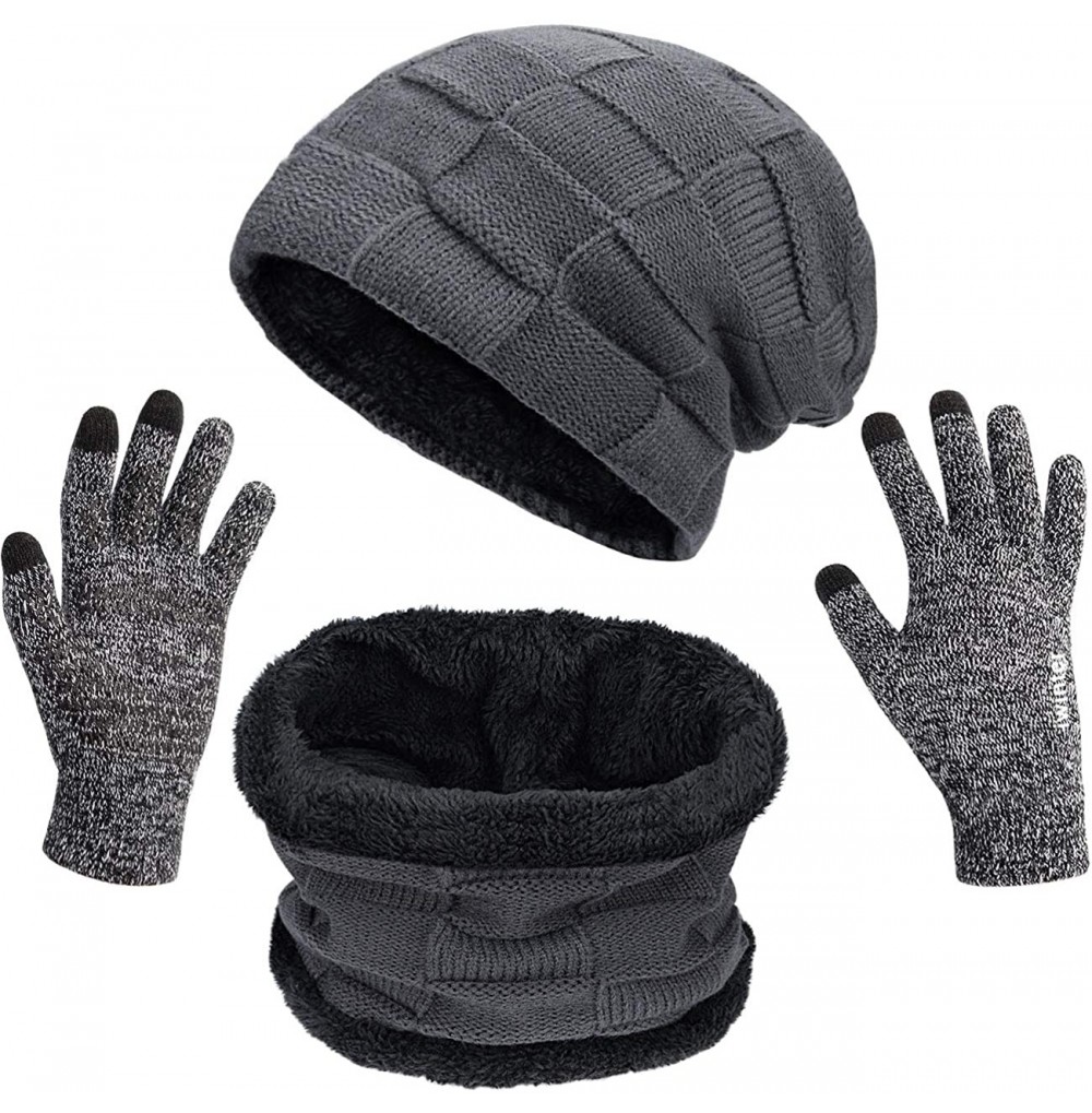 Skullies & Beanies Winter Knit Beanie Hat Neck Warmer Scarf and Touch Screen Gloves Set 2/3 Pcs Fleece Lined Skull Cap for Me...