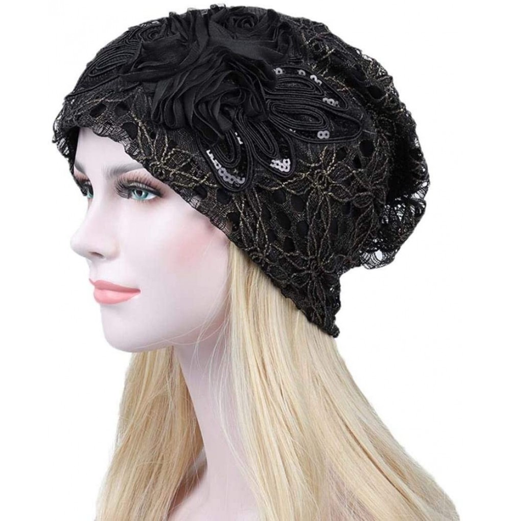 Skullies & Beanies Women Lace Flower Slouchy Baggy Head Cap Chemo Beanie Cancer Hat Turban (Black) - Black - CI18H80TDG9