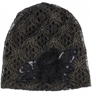 Skullies & Beanies Women Lace Flower Slouchy Baggy Head Cap Chemo Beanie Cancer Hat Turban (Black) - Black - CI18H80TDG9