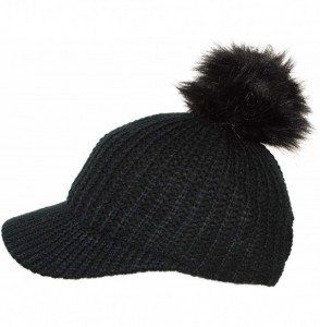 Baseball Caps Ribbed Knit Baseball Cap Hat w/Removable Faux Fur Pom Pom- Adjustable - Black - CA18I8635DT
