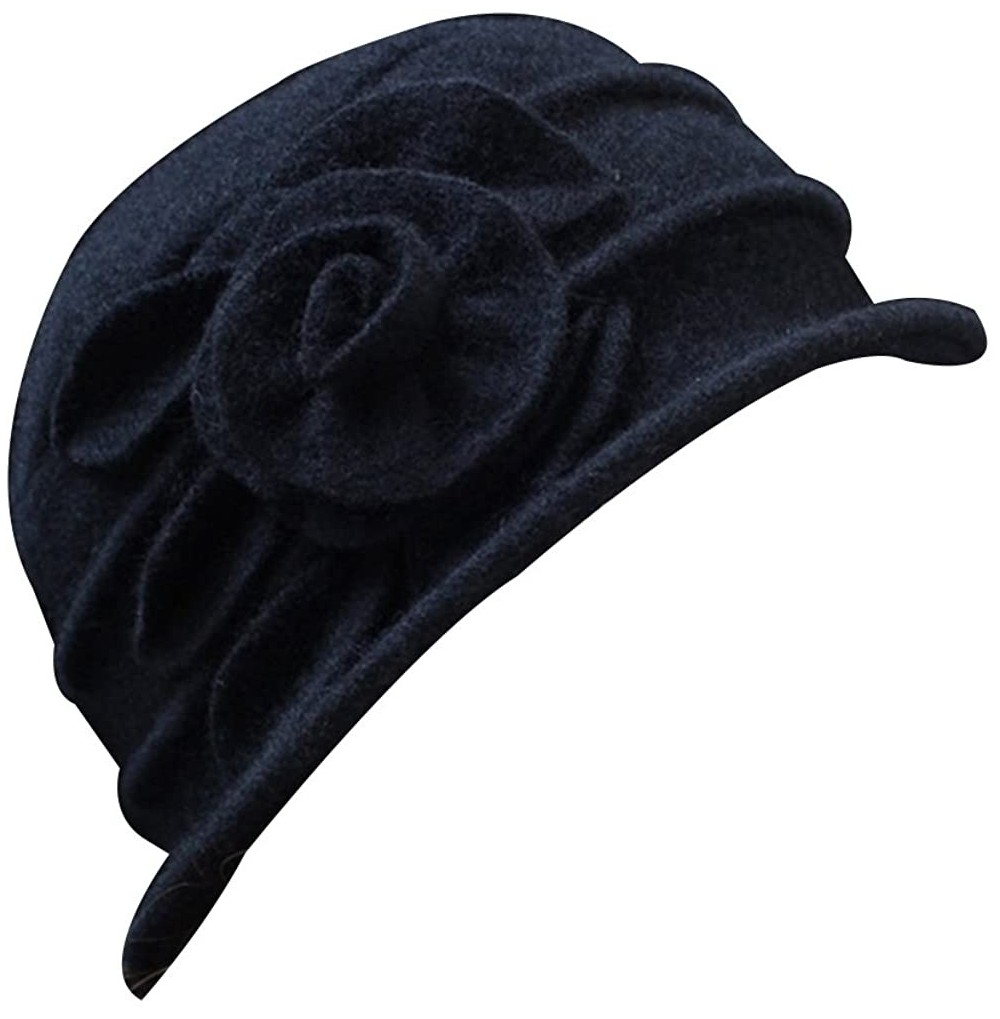 Bucket Hats Vintage Women Wool Church Cloche Flapper Hat Lady Bucket Winter Flower Cap - Black - C4189KH42N0