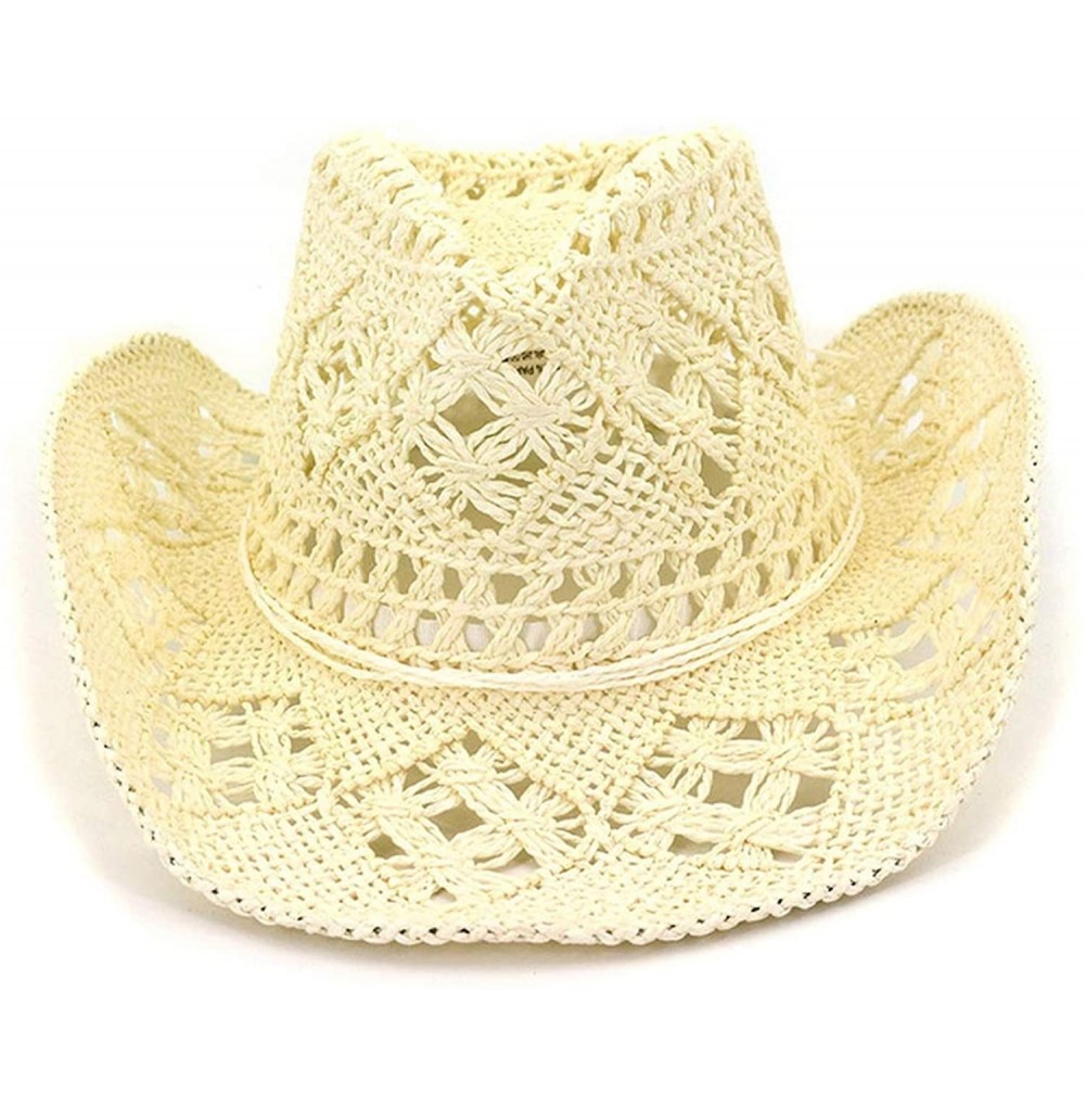 Sun Hats Fashion Hollowed Handmade Cowboy Straw Hat Women Men Summer Outdoor Travel Beach Hats - Cream - CY18RRYNID5