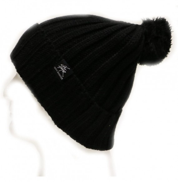 Skullies & Beanies Solid Pom Pom Knit Beanie Hat - Black - CA11QTOOXMJ