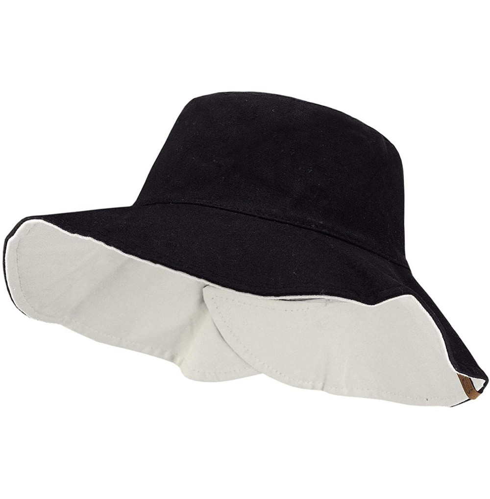 Bucket Hats Women's 100% Cotton Crushable Bucket Ponytail Messy Bun Sun Hat Reversible - Bk/Lt Beige - CO18QI3X22Q