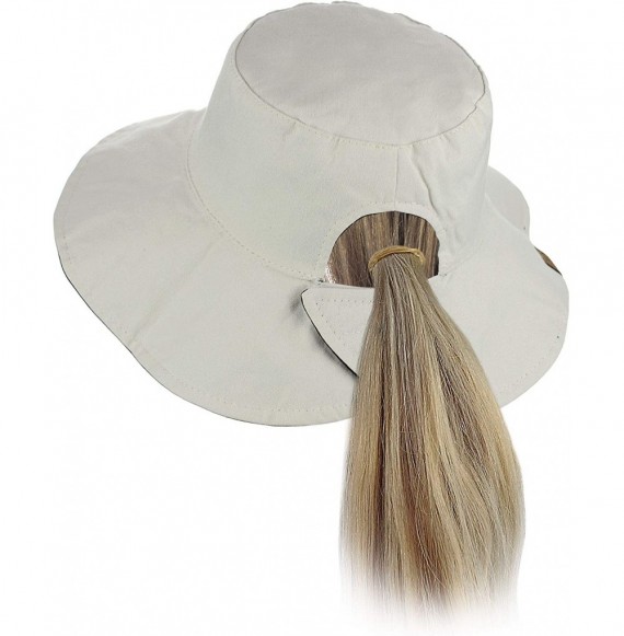 Bucket Hats Women's 100% Cotton Crushable Bucket Ponytail Messy Bun Sun Hat Reversible - Bk/Lt Beige - CO18QI3X22Q
