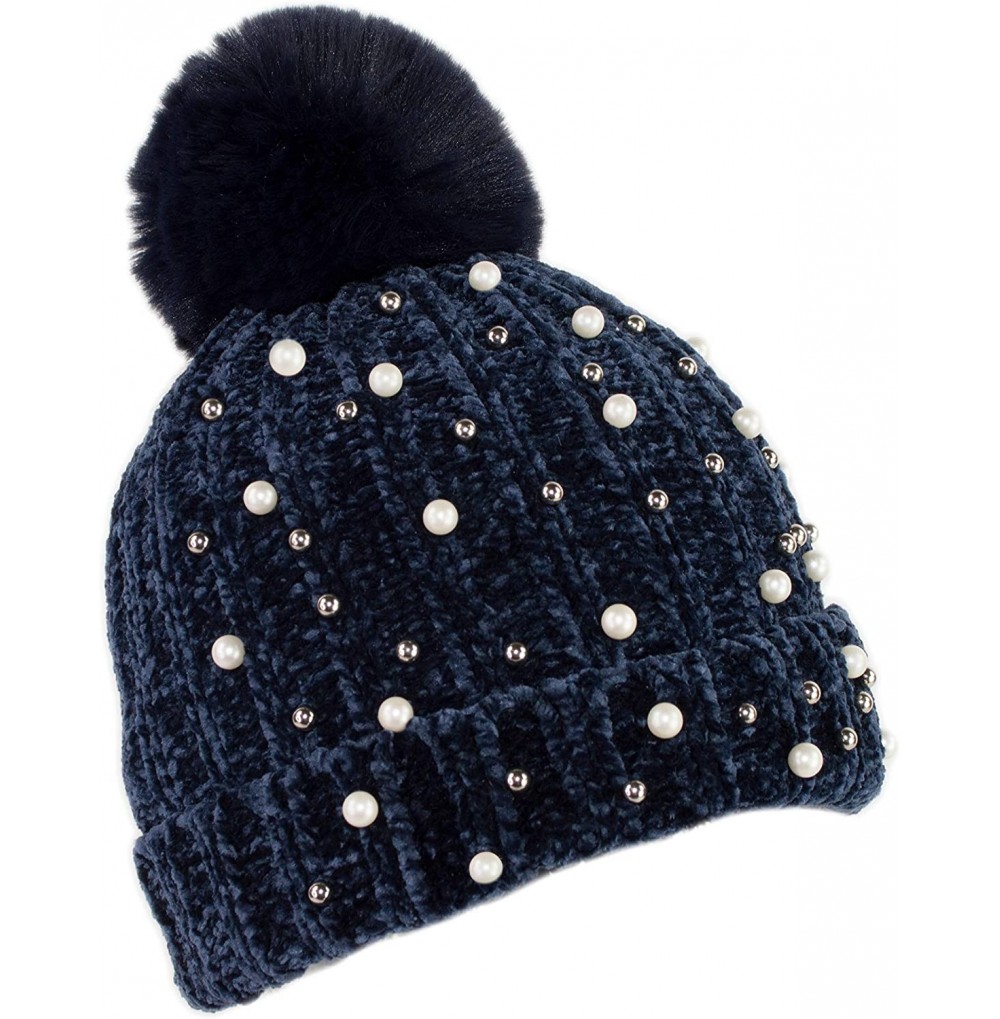Skullies & Beanies Warm Winter Extra Soft Chenille Knit Pearl Silver Stud Beanie Toboggan Hat with Fur Pom for Women - Navy B...