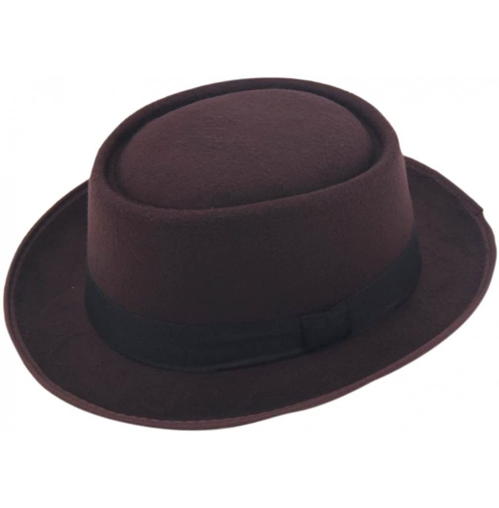 Fedoras Unisex Felt Pork Pie Cap Porkpie Hat Upturn Short Brim Black Ribbon Band - Coffee - C41822R6IA3
