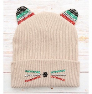 Skullies & Beanies Women's Soft Warm Embroidered Meow Cat Ears Knit Beanie Hat with Stone Embellished - Multi Color Stone Bei...