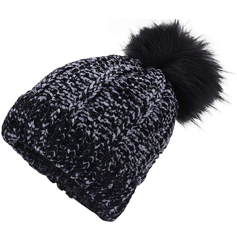 Skullies & Beanies Winter Beanie Hat for Women Knit Thick Snow Cuff Cap with Faux Fur Pompom - Black-19 - CR18X03CD3M