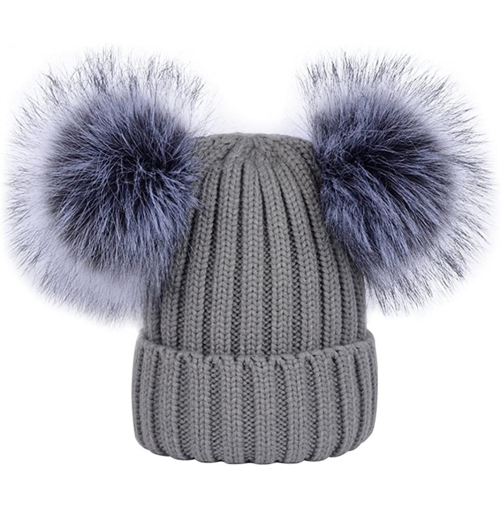 Skullies & Beanies Women's Winter Ribbed Knitted Beanie Hat with Double Faux Fur Pom Pom - Grey - CS1897MZSTQ