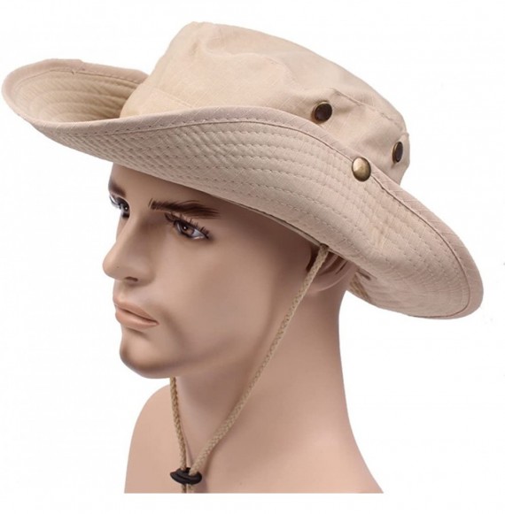 Sun Hats Men Summer Cotton Cowboy Sun Hat Wide Brim Bucket Fishing Hats - Beige - C4184XCEGL0