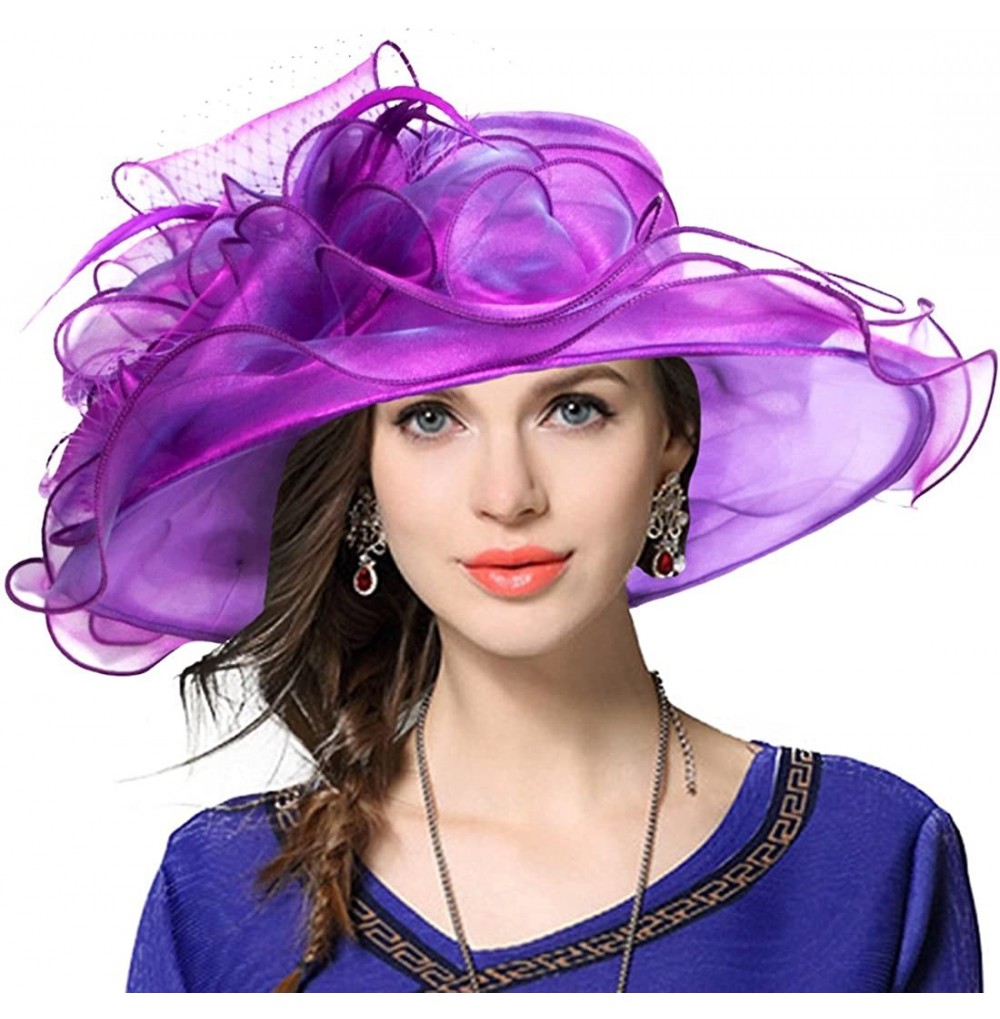 Sun Hats Women Church Derby Hats Tea Party Bridal Dress Wedding Hat - Purple - C217YKKZLDZ