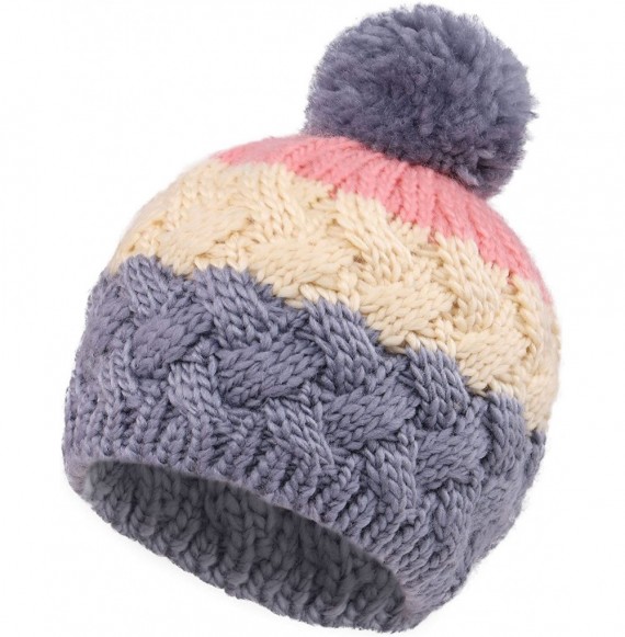 Skullies & Beanies Kids and Toddlers' Chunky Cable Knit Beanie with Yarn Pompom Set of 2 - Grey Stripe+red - CC185AWTH46