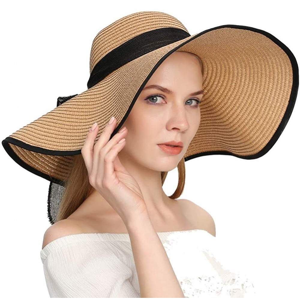 Sun Hats Beach Sun Hat for Women Bow-knot UV UPF 50+Travel Foldable Wide Brim Straw Hat - Khaki02 - CJ18QK40ZE6