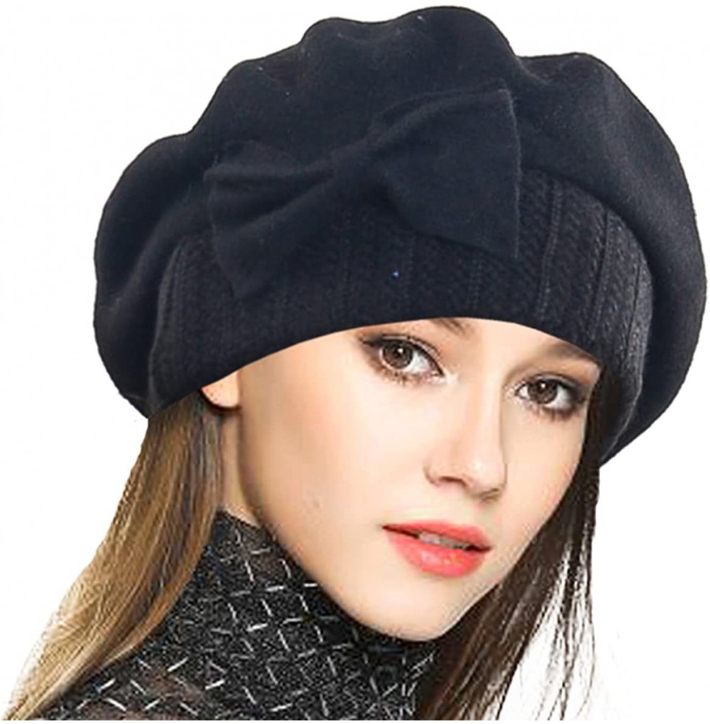 Berets Women's 100% Wool Bucket Hat Felt Cloche Beret Dress Winter Beanie Hats - Beret-black - CP12O4N6LEO