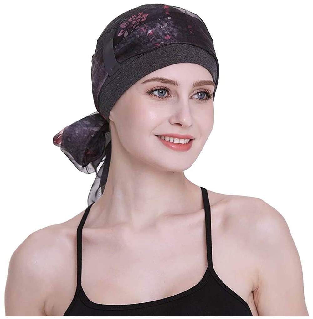 Headbands Elegant Chemo Cap With Silky Scarfs For Cancer Women Hair Loss Sleep Beanie - Dark Health Grey - CP18LXYIZ5Z
