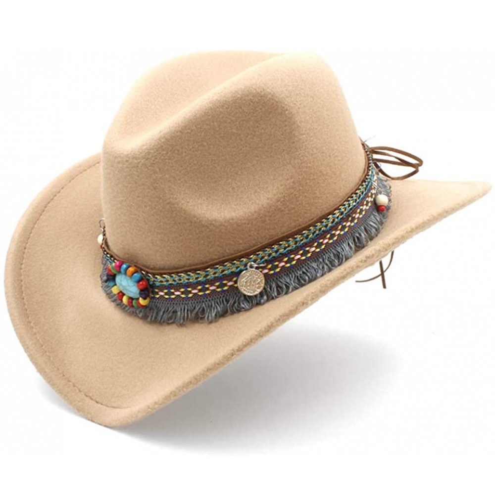 Cowboy Hats Women Men Wool Blend Western Cowboy Hat Cowgirl Caps Bohemia Tassel Ribbon - Khaki - C518IINI27L