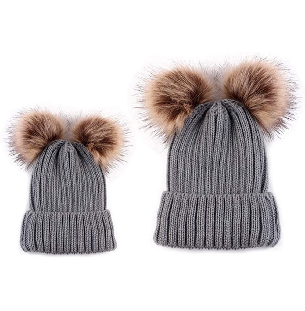 Skullies & Beanies Parent-Child Matchy Hat Winter Mom Baby Double Pompom Faux Fur Beanie Ski Cap - Gray - CD18L8NIRCO