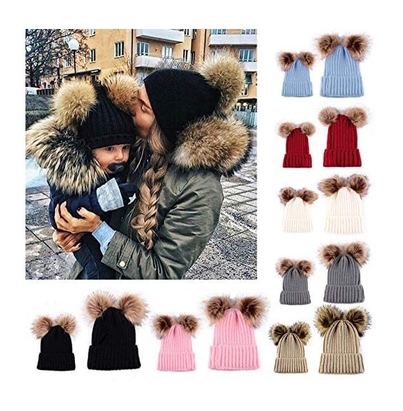 Skullies & Beanies Parent-Child Matchy Hat Winter Mom Baby Double Pompom Faux Fur Beanie Ski Cap - Gray - CD18L8NIRCO