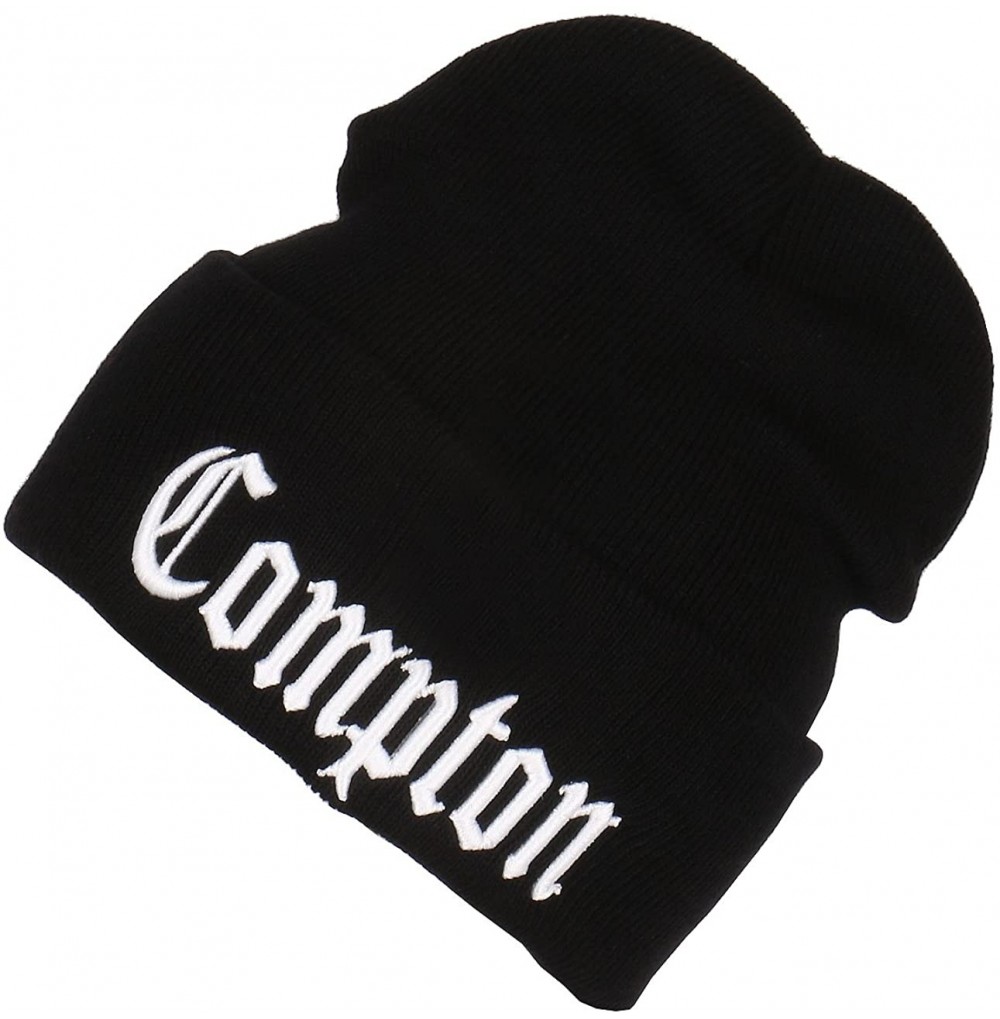 Skullies & Beanies 3D Embroidered Compton Warm Knit Beanie Cap Yupoong - Black - CS12002G4OP